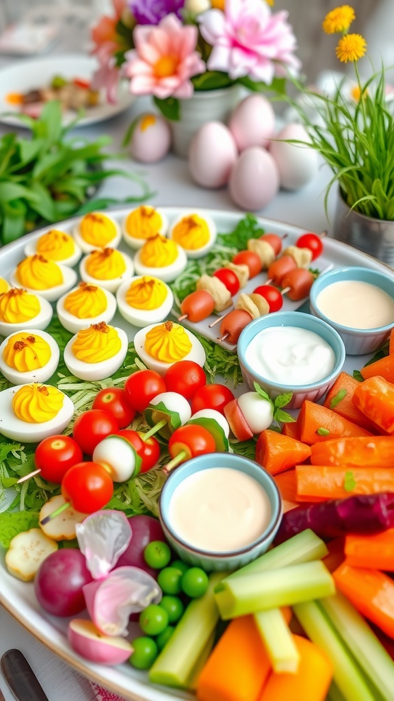 A festive platter of Easter appetizers including deviled eggs, Caprese skewers, and fresh vegetables on a beautifully set table.
